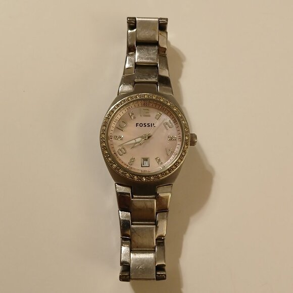 Glitzy Fossil AM-4175 MOP Dial Crystal Bezel All Stainless Women's Dress Watch - Picture 1 of 13